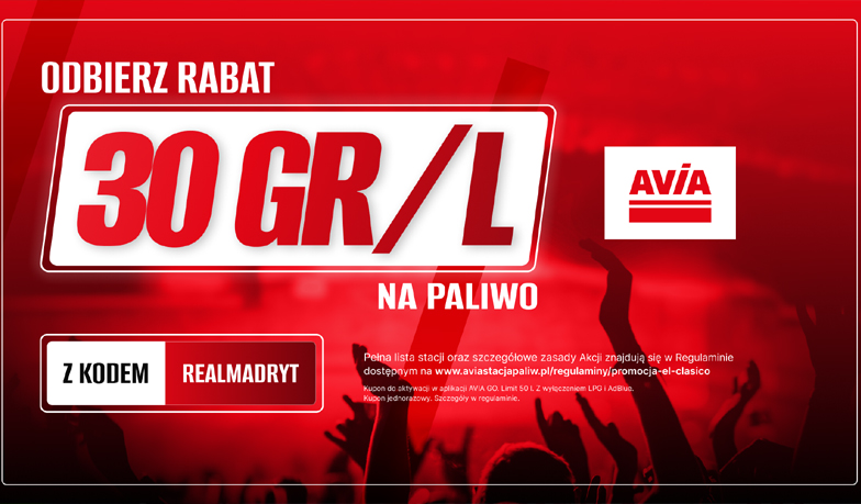 Z zatankowanym bakiem po zwycięstwo w El Clásico! Odbierz rabat od AVIA na paliwo ze dedykowanym kodem dla kibiców Królewskich